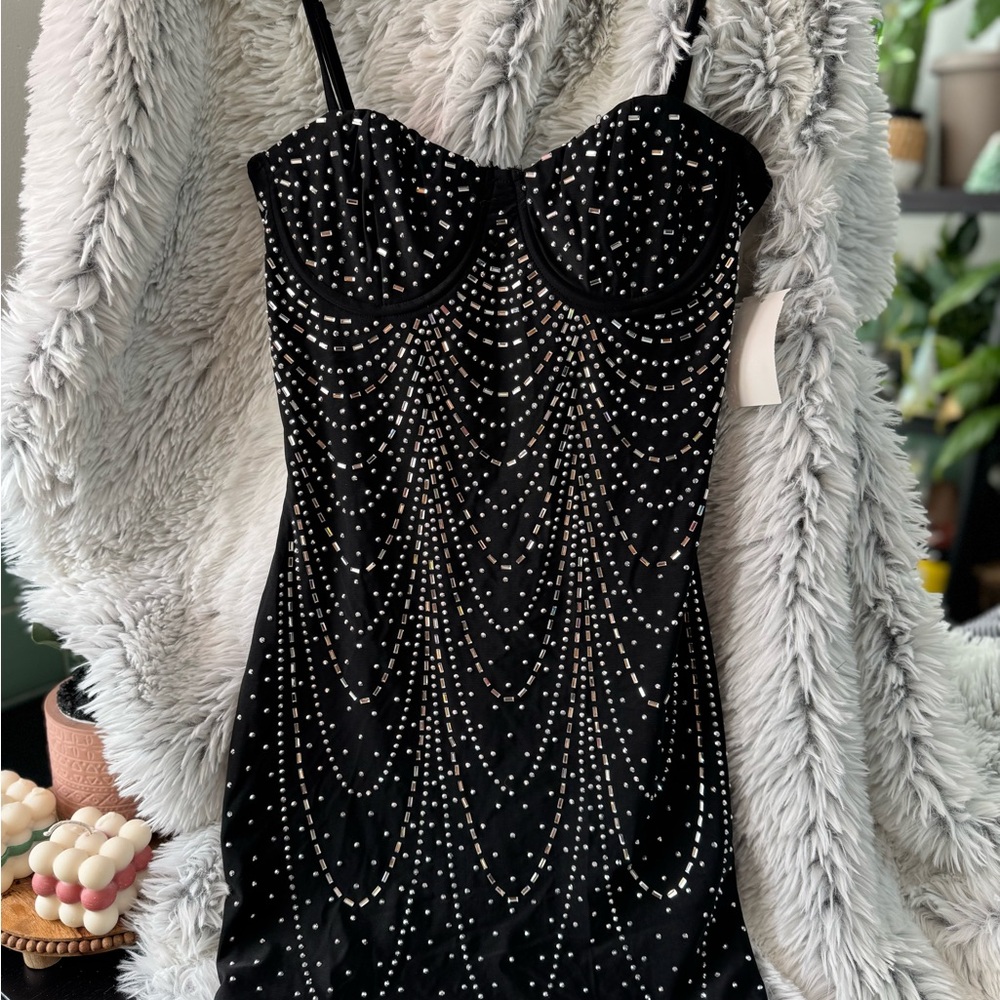 Chic Black Beaded Mini Dress